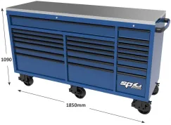 73\" USA SUMO SERIES WIDE ROLLER CABINET - 21 DRAWER - BLUE/BLACK