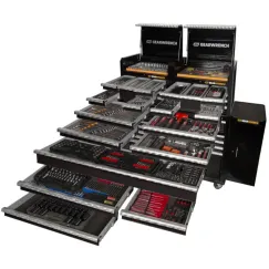 638 PIECE COMBINATION TOOL KIT + 28 INCH CHESTS (x2) + 58 INCH TROLLEY + SIDE CABINETS (x2)