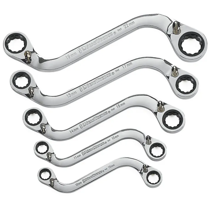 5 PC. 12 POINT REVERSIBLE S-SHAPE DOUBLE BOX RATCHETING METRIC WRENCH SET