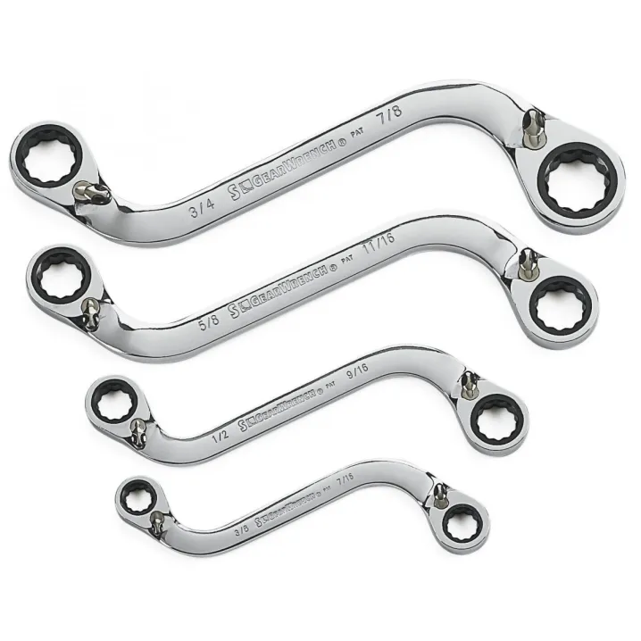 4 PC. 12 POINT REVERSIBLE S-SHAPE DOUBLE BOX RATCHETING SAE WRENCH SET