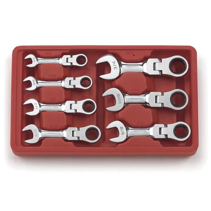 7 PC. 12 POINT STUBBY FLEX HEAD RATCHETING COMBINATION SAE WRENCH SET