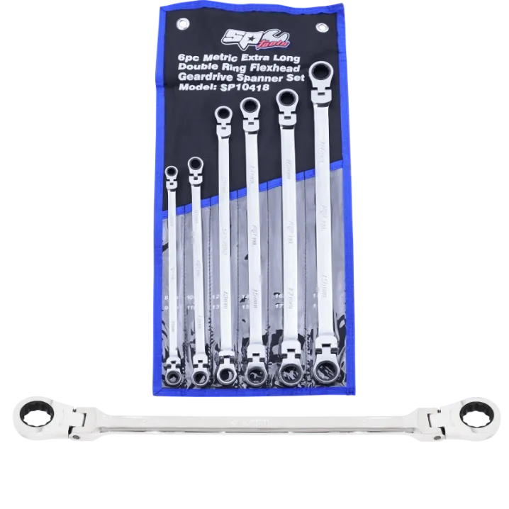 Flex Head Double Gear Drive Ring Spanner Set - Extra Long - Metric 6PC