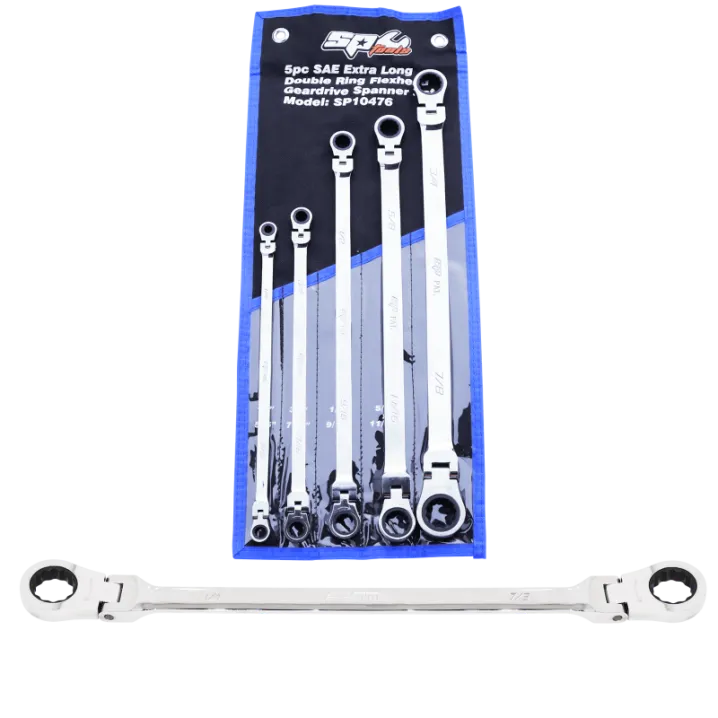 Flex Head Double Gear Drive Ring Spanner Set - Extra Long - SAE 5PC