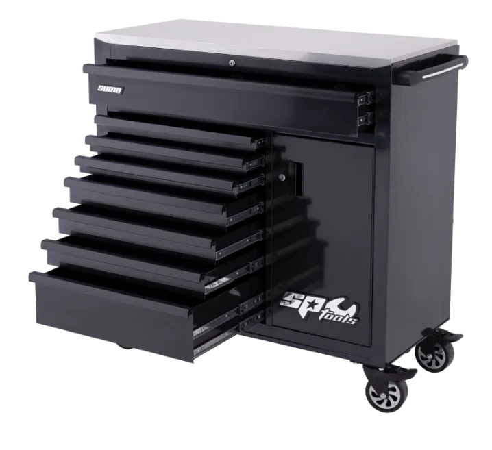 Sumo Series Roller Cabinet with Power Tool Cupboard - 9 Drawer - Black/Black Handles