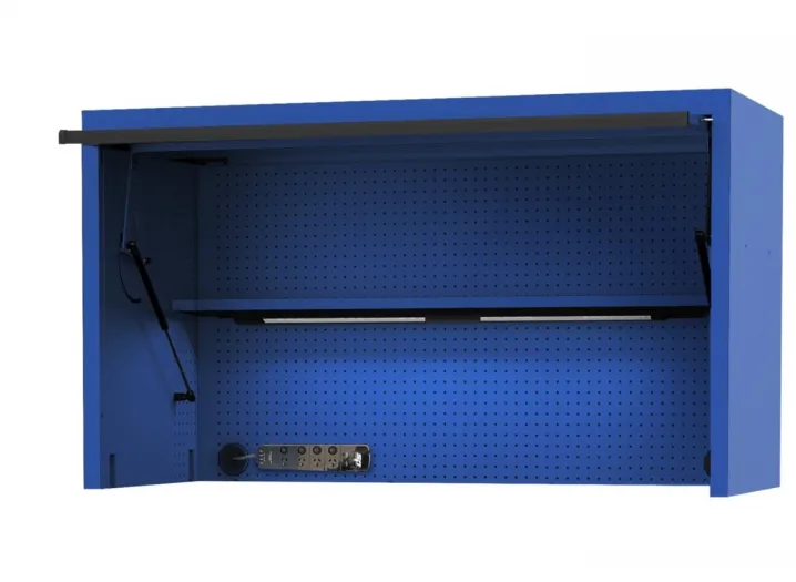 59" USA SUMO SERIES WIDE POWER TOP HUTCH - SHELF, PEGBOARD, LIGHT - BLUE/BLACK