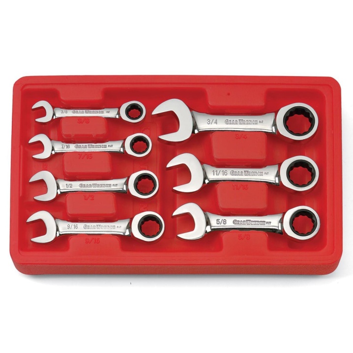 7 PC. 12 POINT STUBBY RATCHETING COMBINATION SAE WRENCH SET