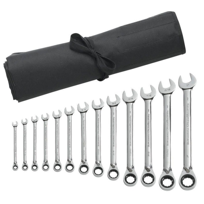 13 PC. 12 POINT REVERSIBLE RATCHETING COMBINATION SAE WRENCH SET WITH TOOL ROLL