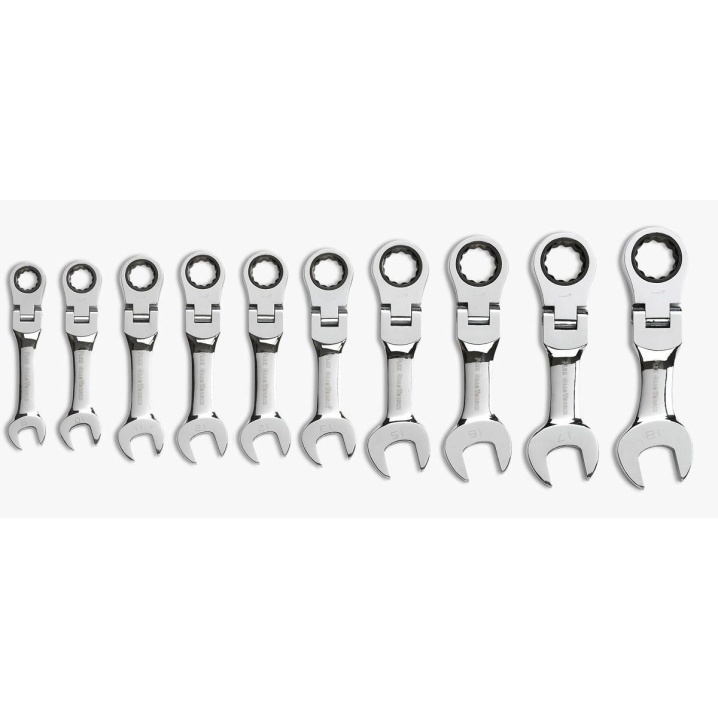 10 PC. 12 POINT STUBBY FLEX HEAD RATCHETING COMBINATION METRIC WRENCH SET