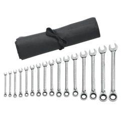 16 PC. 12 POINT REVERSIBLE RATCHETING COMBINATION METRIC WRENCH SET WITH TOOL ROLL