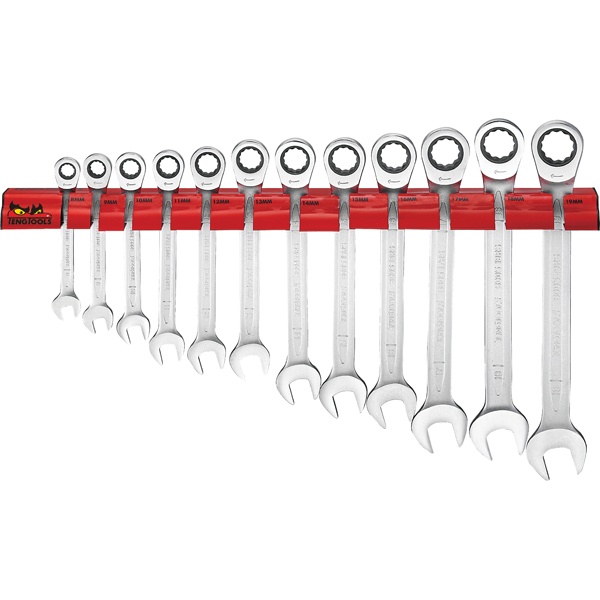 12 Piece Ratcheting Combination Spanner Set (Wall Rack)