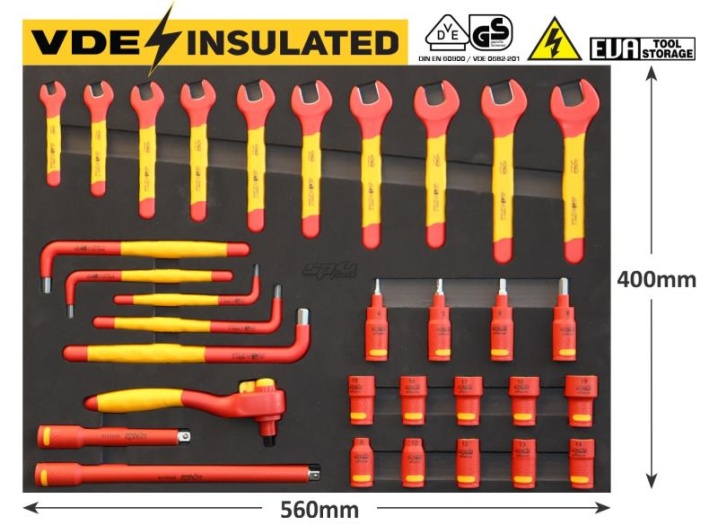 FOAM TRAY TOOL KIT - 32PC - VDE INSULATED - SPANNERS, SOCKETS, HEX KEYS, HEX SOCKETS, RATCHET & EXTENSION BARS